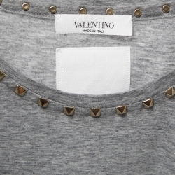 Pre Owned Valentino Grey Cotton Rockstud Neckine Detail Crewneck T-Shirt L