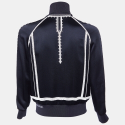 Pre Owned Valentino Navy Blue Satin Crepe & Knit Beaded Detail Bomber Jacket S