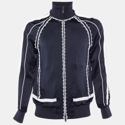 Pre Owned Valentino Navy Blue Satin Crepe & Knit Beaded Detail Bomber Jacket S