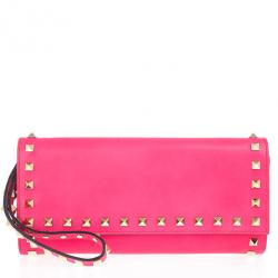 Pre Owned Valentino Fuchsia Leather Rockstud Flap Wallet