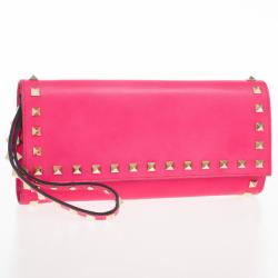 Pre Owned Valentino Fuchsia Leather Rockstud Flap Wallet
