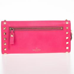Pre Owned Valentino Fuchsia Leather Rockstud Flap Wallet
