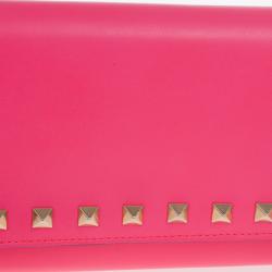 Pre Owned Valentino Fuchsia Leather Rockstud Flap Wallet