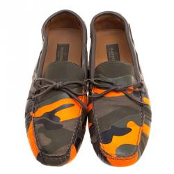 Valentino Two Tone Camouflage Leather and Canvas Bow Loafers Size 42