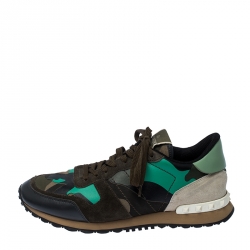 Pre Owned Valentino Multicolor Camouflage Printed Leather and Suede Rockrunner Sneakers Size 42