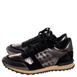 Pre Owned Valentino Metallic Grey Leather and Black Suede Rockrunner Stud Sneakers Size 43