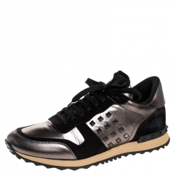 Pre Owned Valentino Metallic Grey Leather and Black Suede Rockrunner Stud Sneakers Size 43