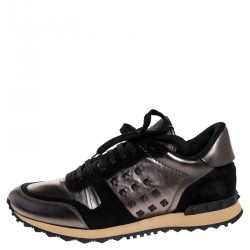 Pre Owned Valentino Metallic Grey Leather and Black Suede Rockrunner Stud Sneakers Size 43