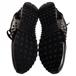 Pre Owned Valentino Metallic Grey Leather and Black Suede Rockrunner Stud Sneakers Size 43