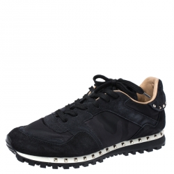 Pre Owned Valentino Dark Blue/Black Suede And Camo Nylon Rockstud Sneakers Size 42.5