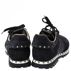 Pre Owned Valentino Dark Blue/Black Suede And Camo Nylon Rockstud Sneakers Size 42.5