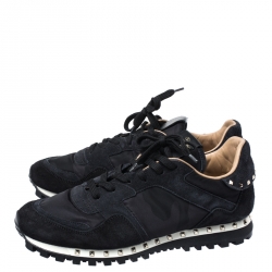Pre Owned Valentino Dark Blue/Black Suede And Camo Nylon Rockstud Sneakers Size 42.5