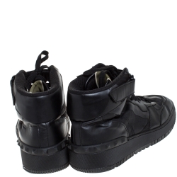 Pre Owned Valentino Black Camouflage Print Canvas And Leather High Top Sneakers Size 45