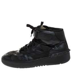 Pre Owned Valentino Black Camouflage Print Canvas And Leather High Top Sneakers Size 45