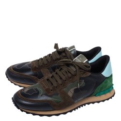 Pre Owned Valentino Military Green Fabric and Leather Camouflage Rockrunner Trainer Sneakers Size 44