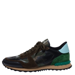 Pre Owned Valentino Military Green Fabric and Leather Camouflage Rockrunner Trainer Sneakers Size 44