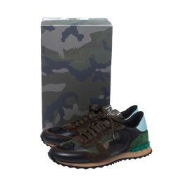 Pre Owned Valentino Military Green Fabric and Leather Camouflage Rockrunner Trainer Sneakers Size 44