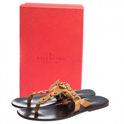 Pre Owned Valentino Tan Leather V Logo Flat Thong Sandals Size 44