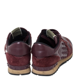 Pre Owned Valentino Burgundy Leather and Suede Rockstud Sneakers Size 42