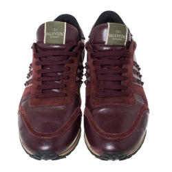 Pre Owned Valentino Burgundy Leather and Suede Rockstud Sneakers Size 42