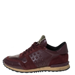 Pre Owned Valentino Burgundy Leather and Suede Rockstud Sneakers Size 42