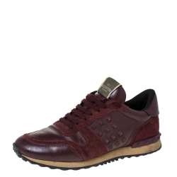 Pre Owned Valentino Burgundy Leather and Suede Rockstud Sneakers Size 42
