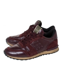 Pre Owned Valentino Burgundy Leather and Suede Rockstud Sneakers Size 42