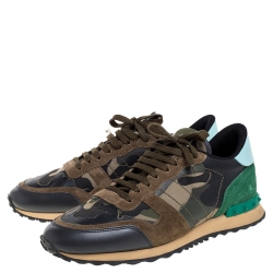 Valentino Green Camouflage Canvas And Suede Leather Rockrunner Low Top Sneakers Size 43.5