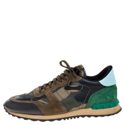 Valentino Green Camouflage Canvas And Suede Leather Rockrunner Low Top Sneakers Size 43.5