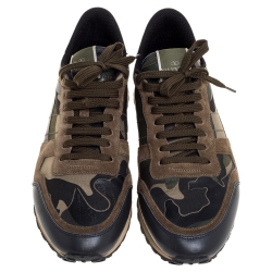 Valentino Green Camouflage Canvas And Suede Leather Rockrunner Low Top Sneakers Size 43.5