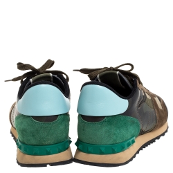 Valentino Green Camouflage Canvas And Suede Leather Rockrunner Low Top Sneakers Size 43.5
