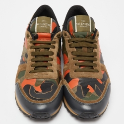 Pre Owned Valentino Multicolor Camouflage Print Canvas, Leather and Suede Rockrunner Low-Top Sneakers Size 42