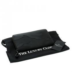 Valentino Black Camouflage Leather Noir Zip Around Wallet