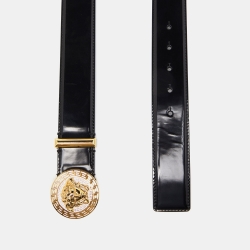 Pre Owned Versace Black Leather Patent Medussa Head Buckle Belt 115CM