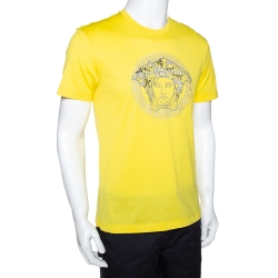 Pre Owned Versace Neon Yellow Cotton Jersey Embroidered Medusa Logo T-Shirt M