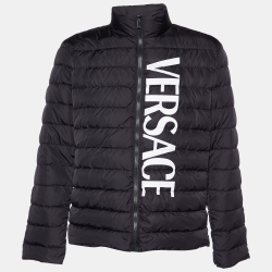 Versace Black Logo Print Down Quilted Zip Up Jacket XXL