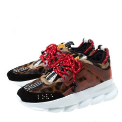 Versace Multicolour Leopard Print Calfhair and Rubber Chain Reaction Lace Up Sneakers Size 43