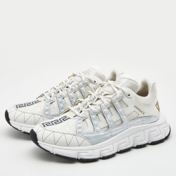 Pre Owned Versace White Leather and Fabric Trigreca Low Top Sneakers Size 43