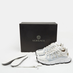 Pre Owned Versace White Leather and Fabric Trigreca Low Top Sneakers Size 43