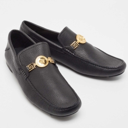 Pre Owned Versace Black Leather Medusa Detail Slip On Loafers Size 45