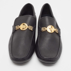 Pre Owned Versace Black Leather Medusa Detail Slip On Loafers Size 45