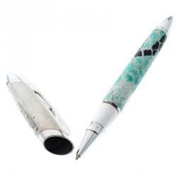 Pre Owned Versace Green Embossed Silver Tone Rollerball Pen