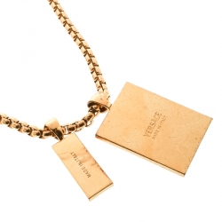 Versace Medusa Textured Tag Gold Tone Pendant Necklace