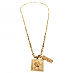Versace Medusa Textured Tag Gold Tone Pendant Necklace