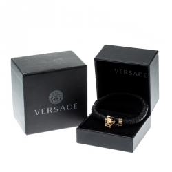 Versace Medusa Black Woven Leather Gold Tone Bracelet