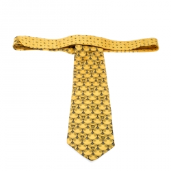 Pre Owned Gianni Versace Vintage Yellow Logo and Floral Patterned Silk Jacquard Tie
