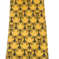 Pre Owned Gianni Versace Vintage Yellow Logo and Floral Patterned Silk Jacquard Tie