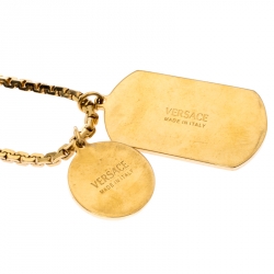 Versace Black Enamel Double Tag Gold Tone Chain Link Long Necklace