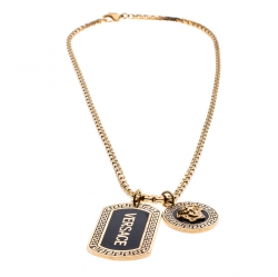 Versace Black Enamel Double Tag Gold Tone Chain Link Long Necklace