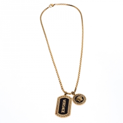 Versace Black Enamel Double Tag Gold Tone Chain Link Long Necklace